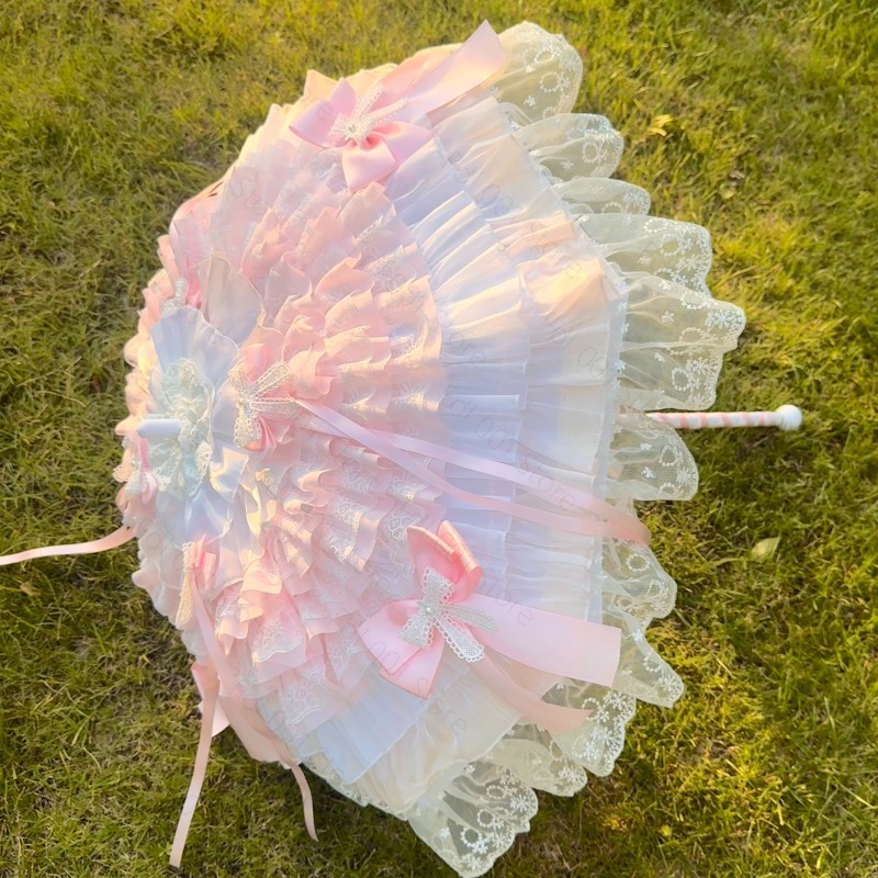 Photography Umbrella - Roze witte vlinderparaplu, handgemaakt kant, fotorekwisiet